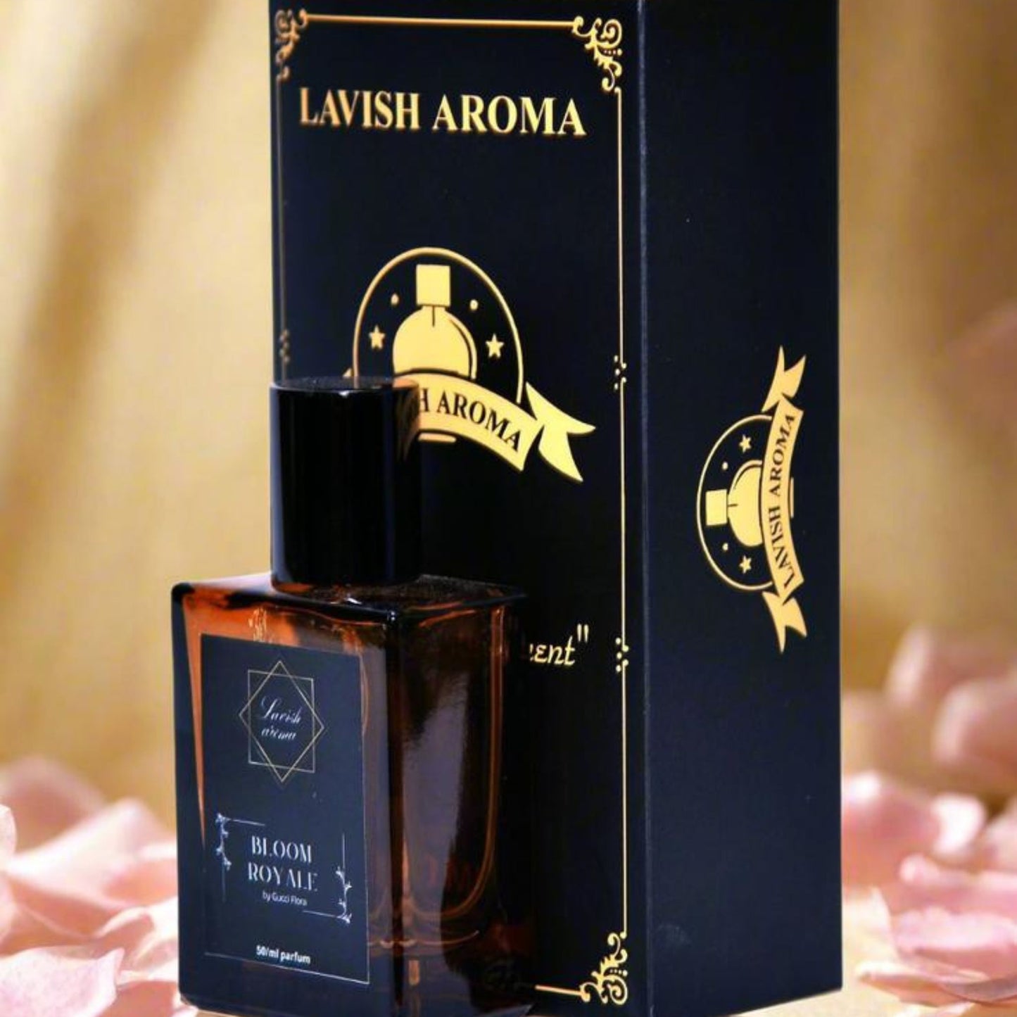 Lavish Aroma perfume bottle and packaging with a blurred floral background