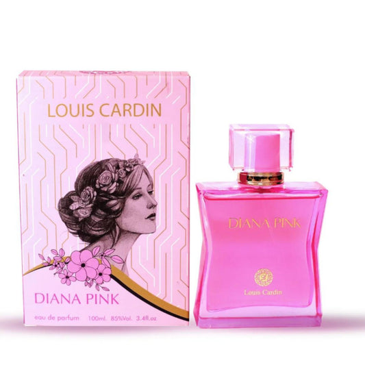 Pink perfume bottle and packaging with 'Louis Cardin Diana Pink' on a white background