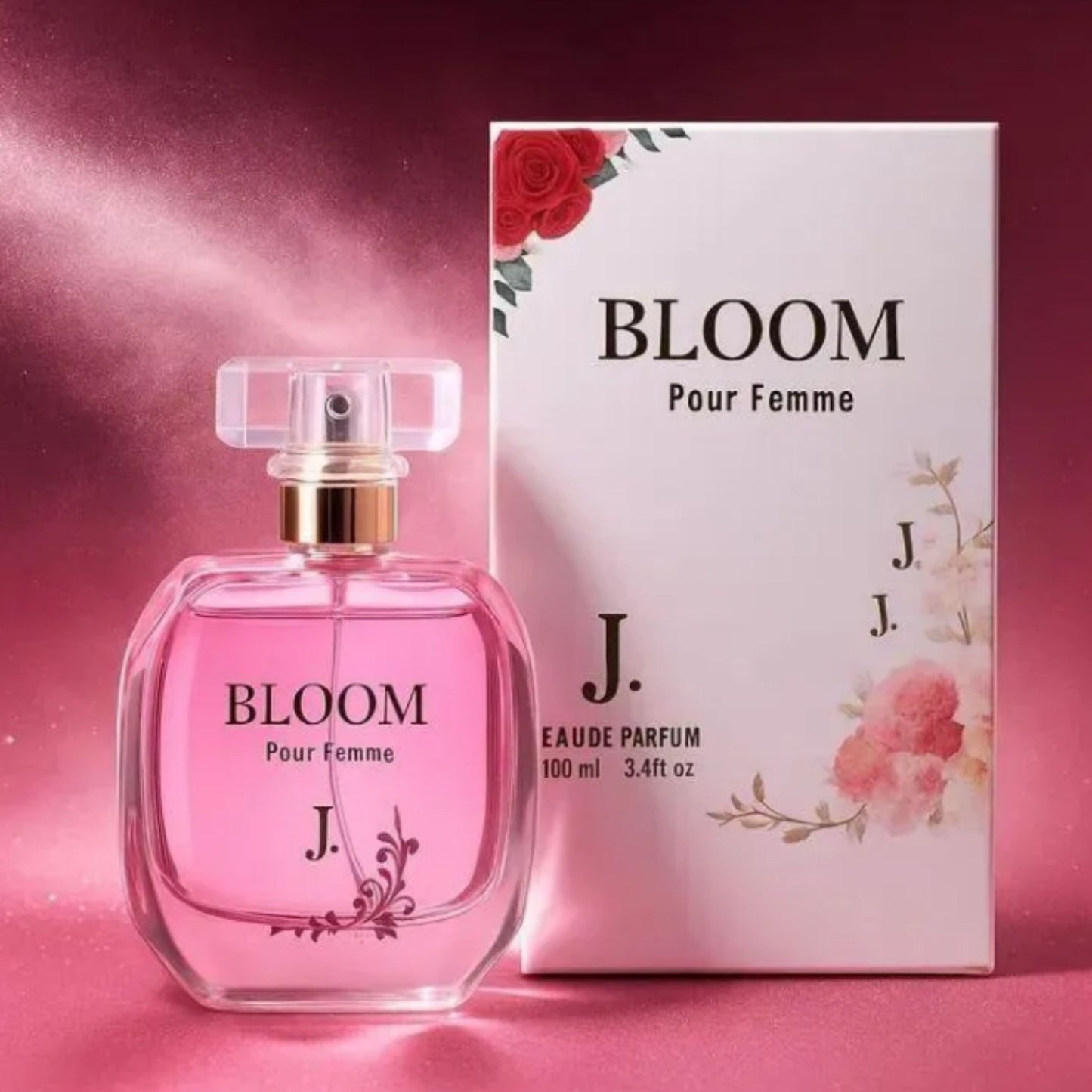 BLOOM Pour Femme perfume bottle and packaging on a pink background