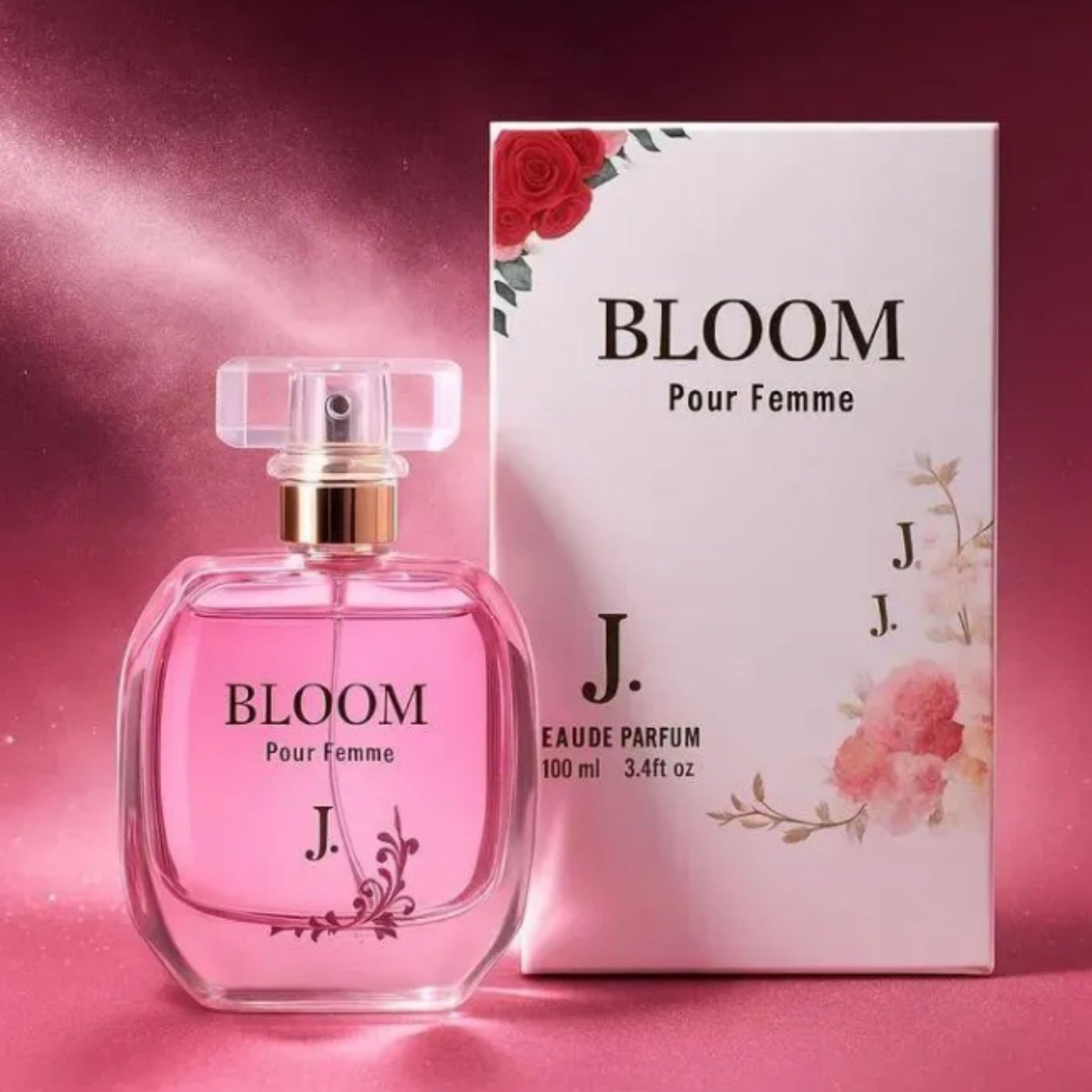 BLOOM Pour Femme perfume bottle and packaging on a pink background