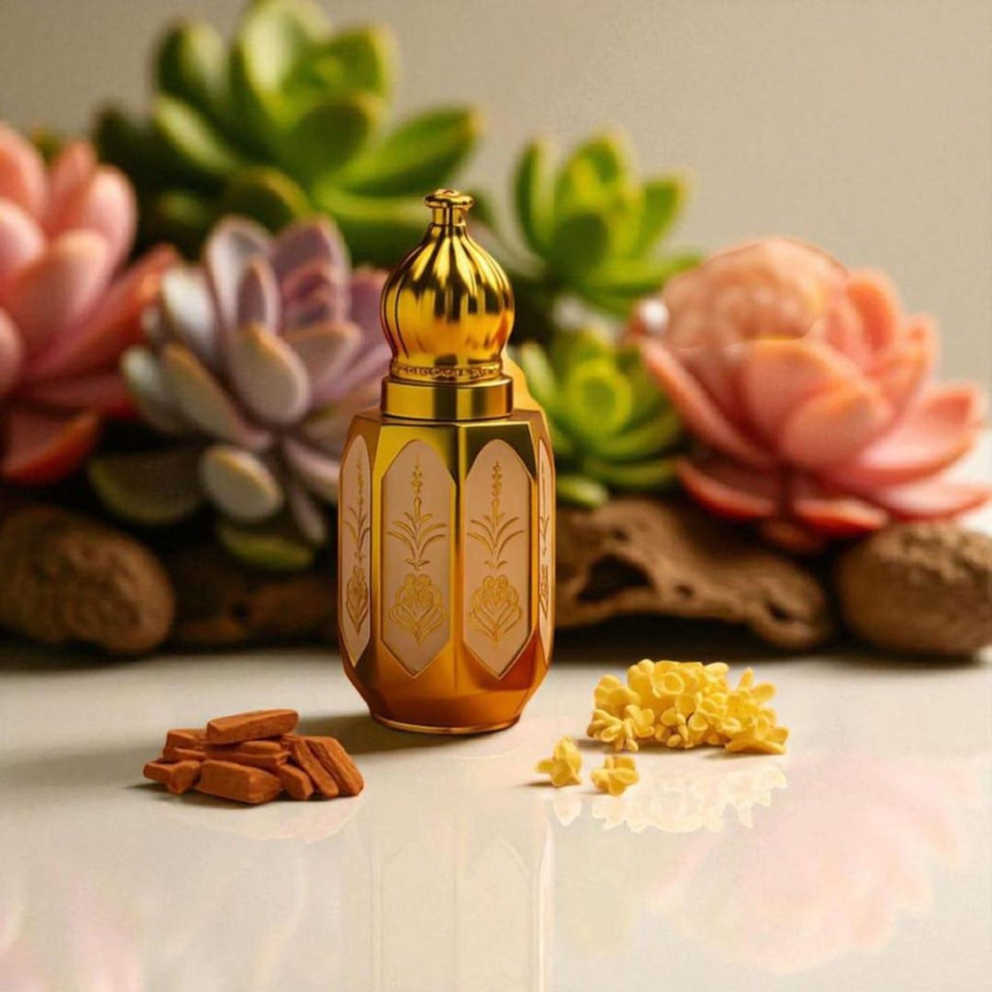 Decorative bottle with gold cap on a surface with flowers and plants in the background