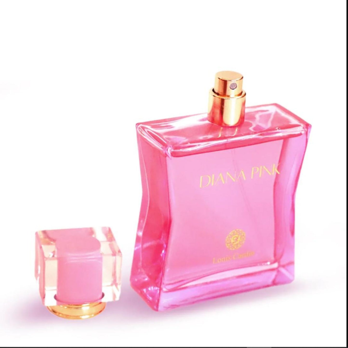 Pink perfume bottle with gold cap labeled 'Diana Pink' on a white background