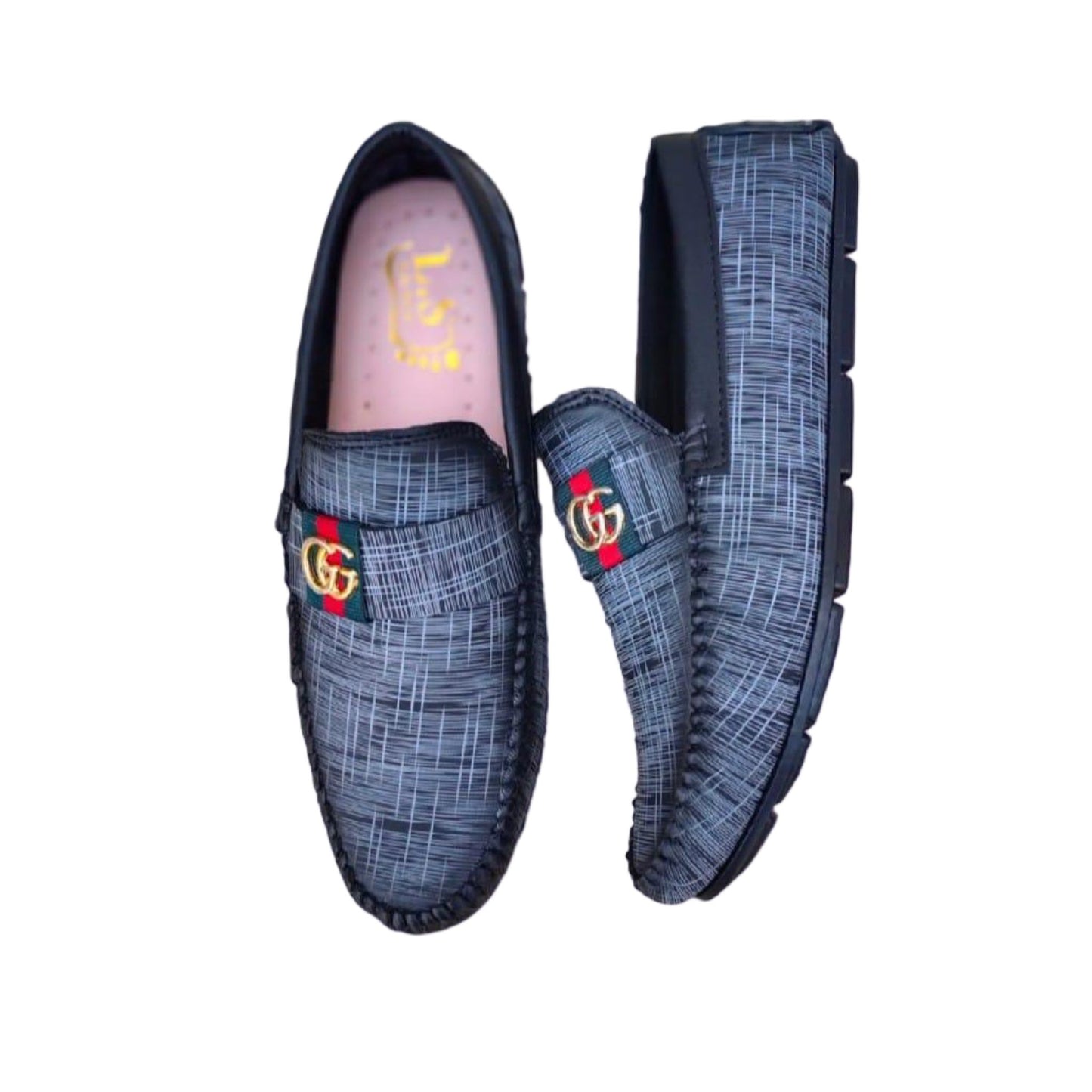 Close-up view of the grey fabric texture and comfortable sole detail of the men's formal loafer.