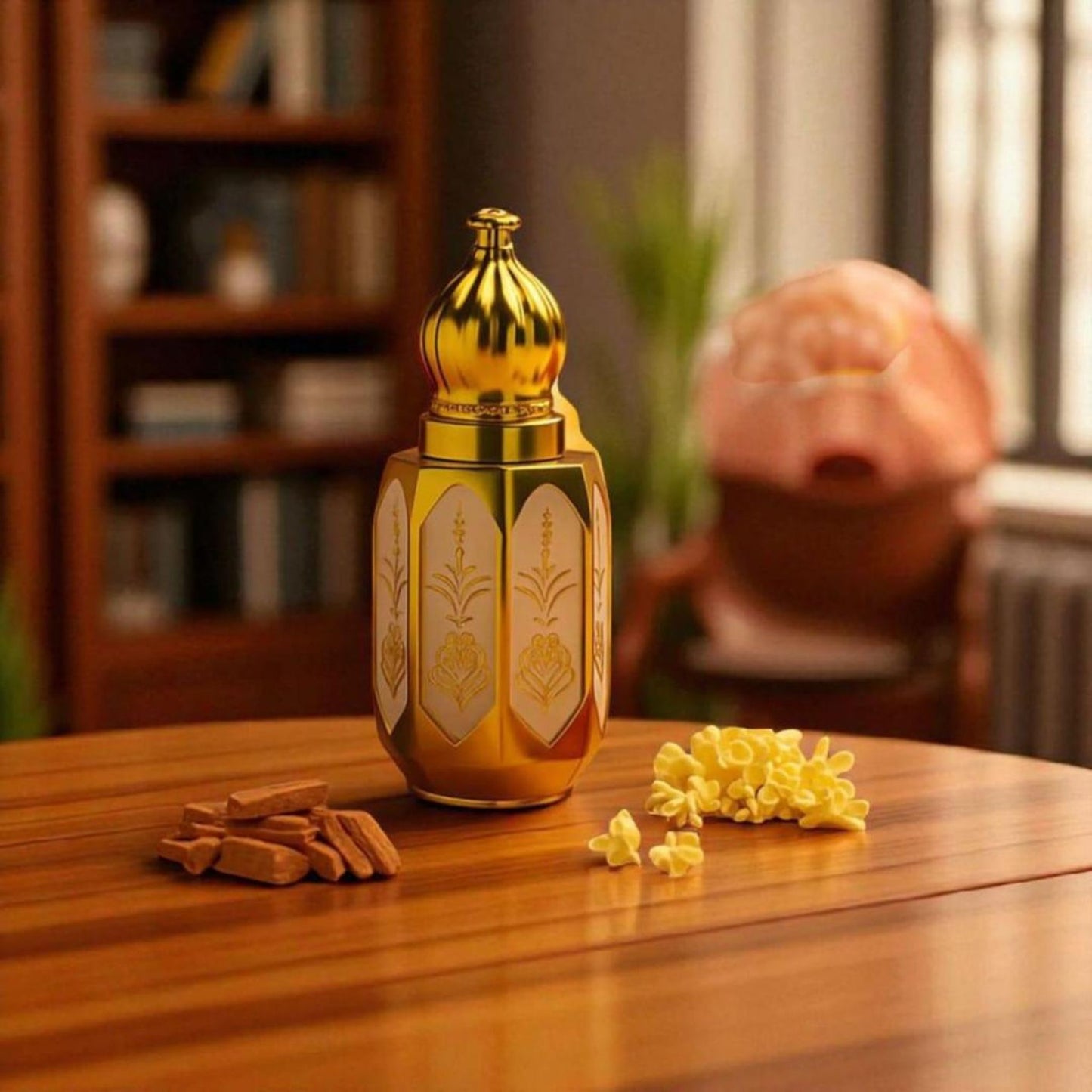 Gold and white decorative bottle on a wooden table with flowers and leaves.