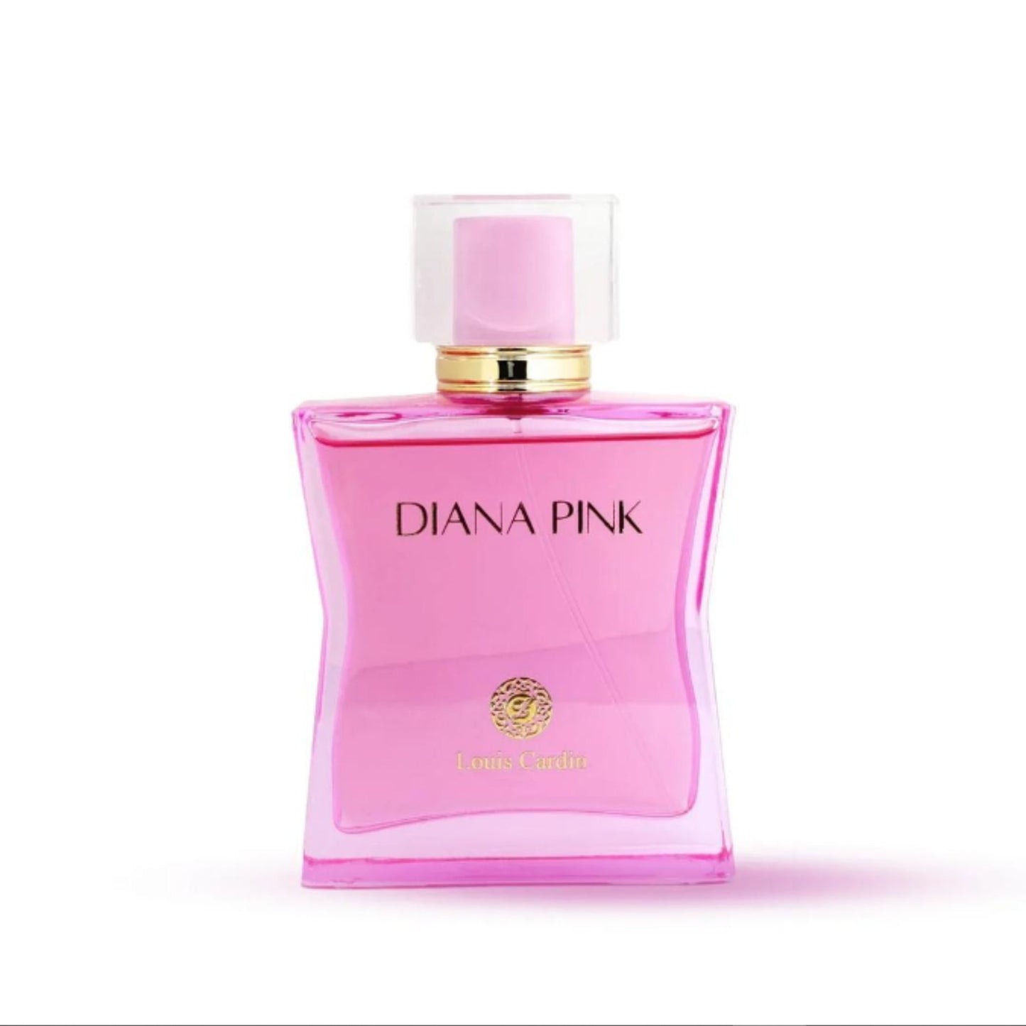 Pink perfume bottle labeled 'Diana Pink' on a white background