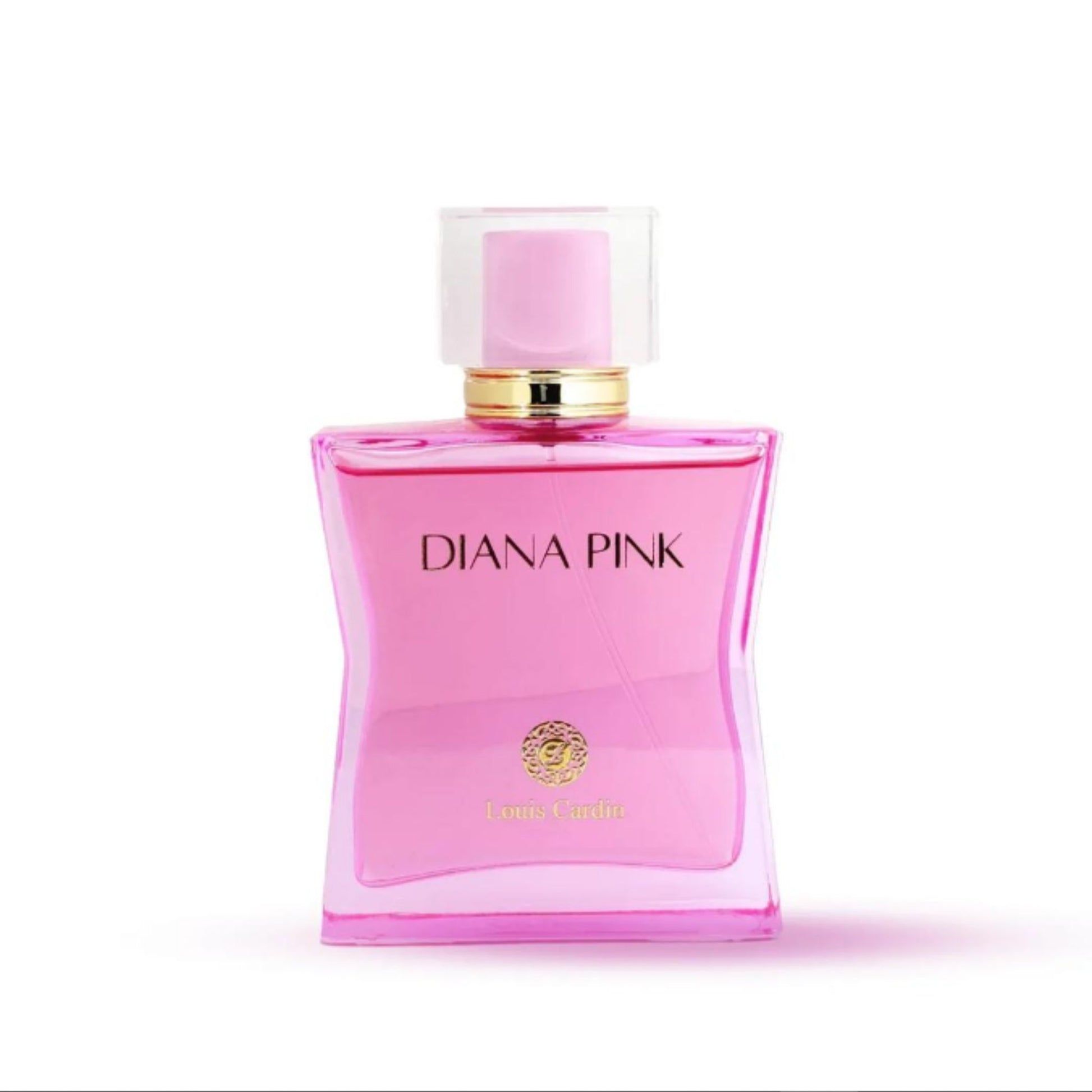 Pink perfume bottle labeled 'Diana Pink' on a white background