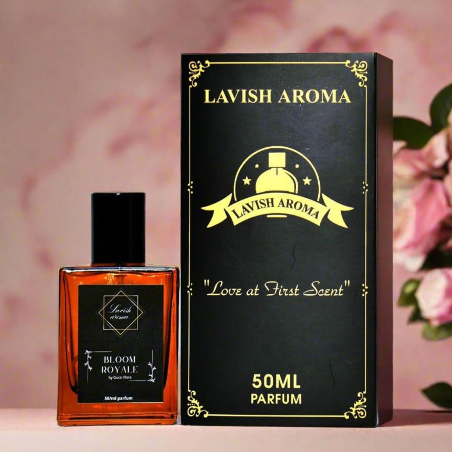 Lavish Aroma perfume bottle and packaging on a pink floral background