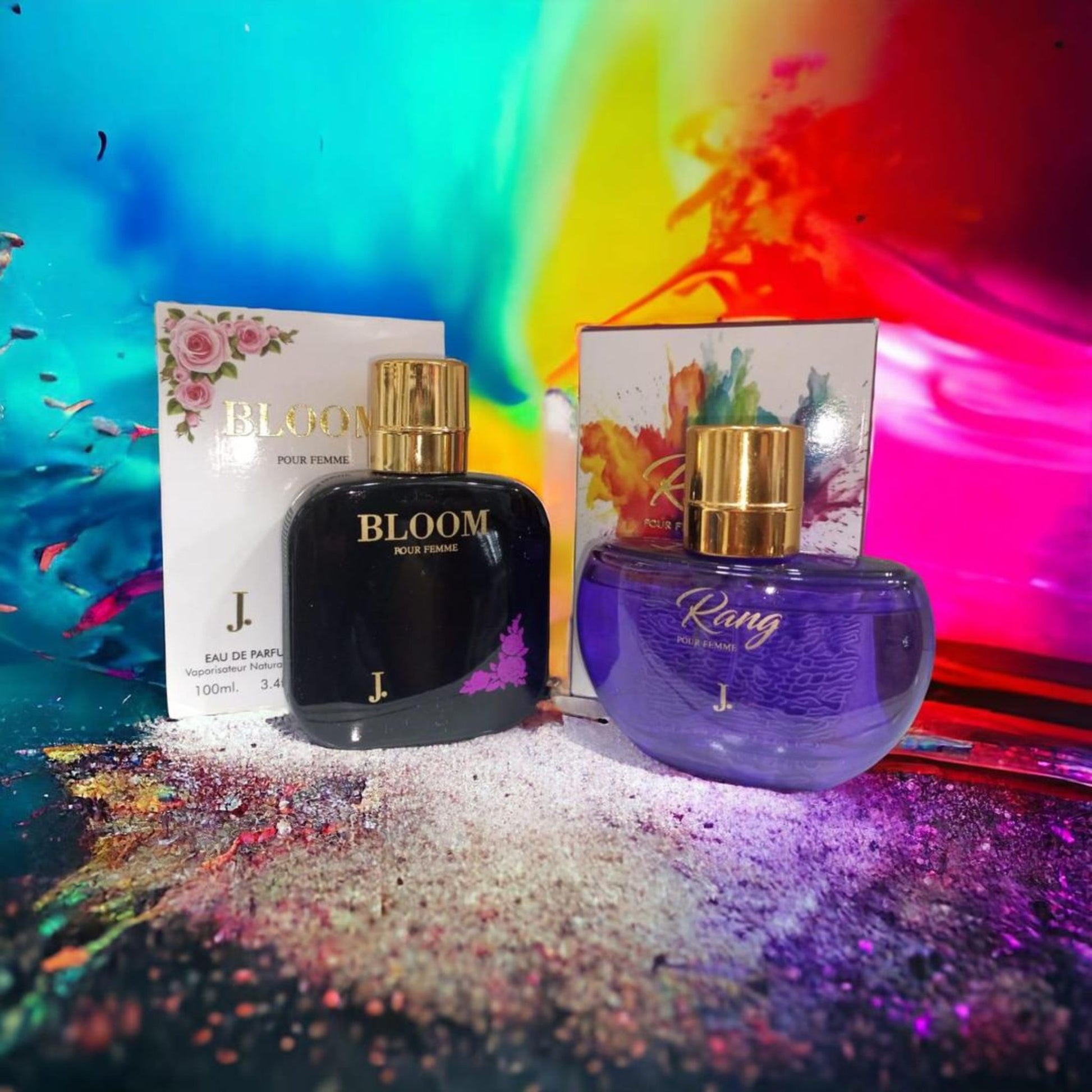 Two perfume bottles with colorful abstract background