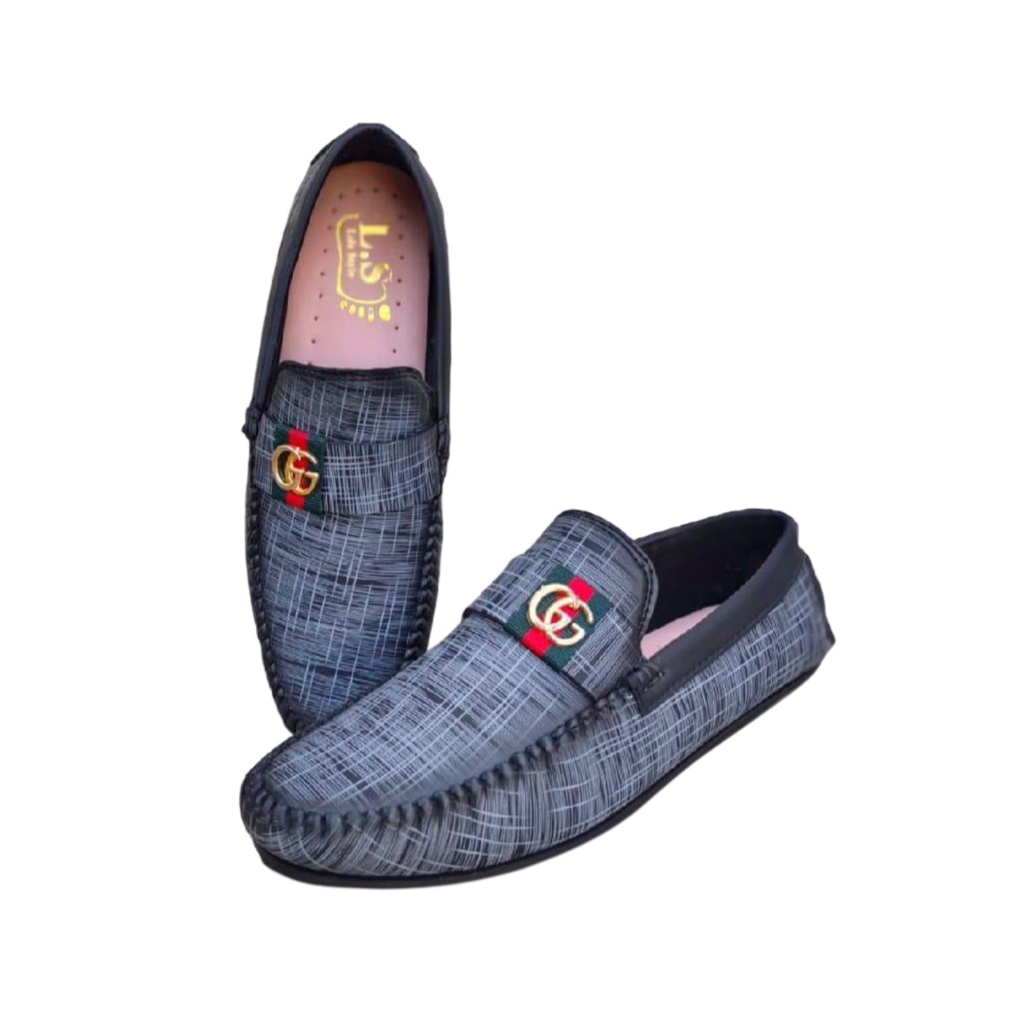 Pair of men's formal grey fabric loafers showing the sleek design and comfortable texture.