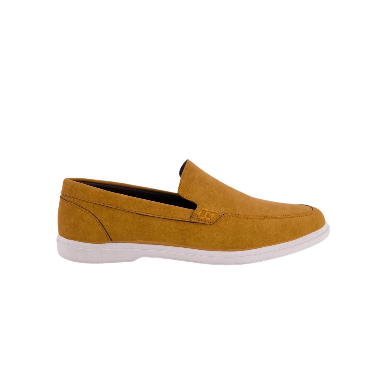 Men's mustard leather loafers paired with a casual outfit, demonstrating comfortable and trendy styling.