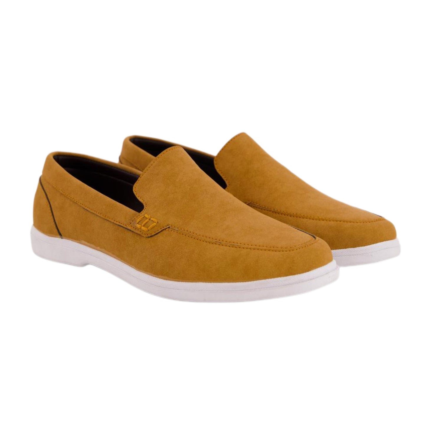 Pair of mustard yellow leather loafers for men, showing the rich color and shiny finish for versatile wear.