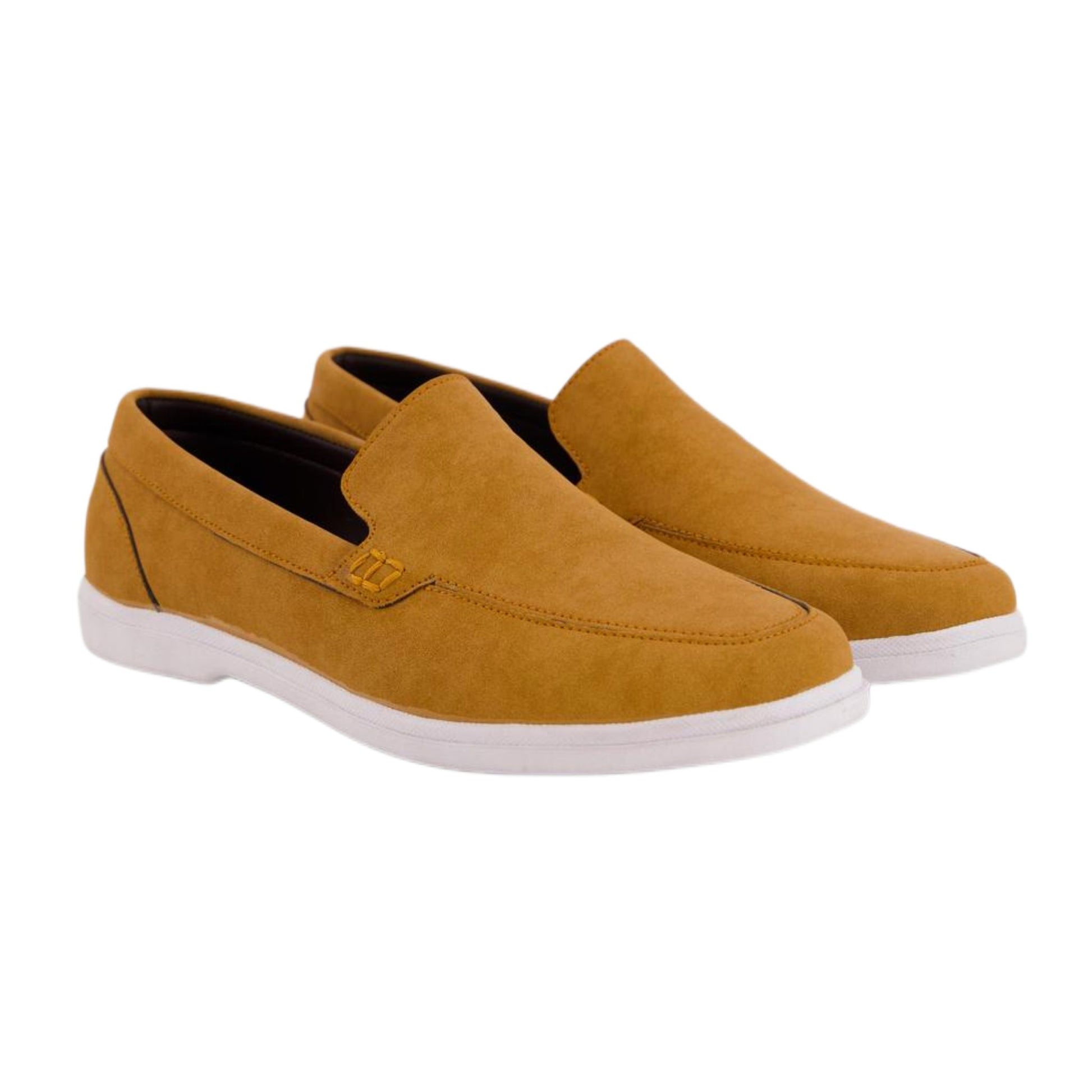 Pair of mustard yellow leather loafers for men, showing the rich color and shiny finish for versatile wear.