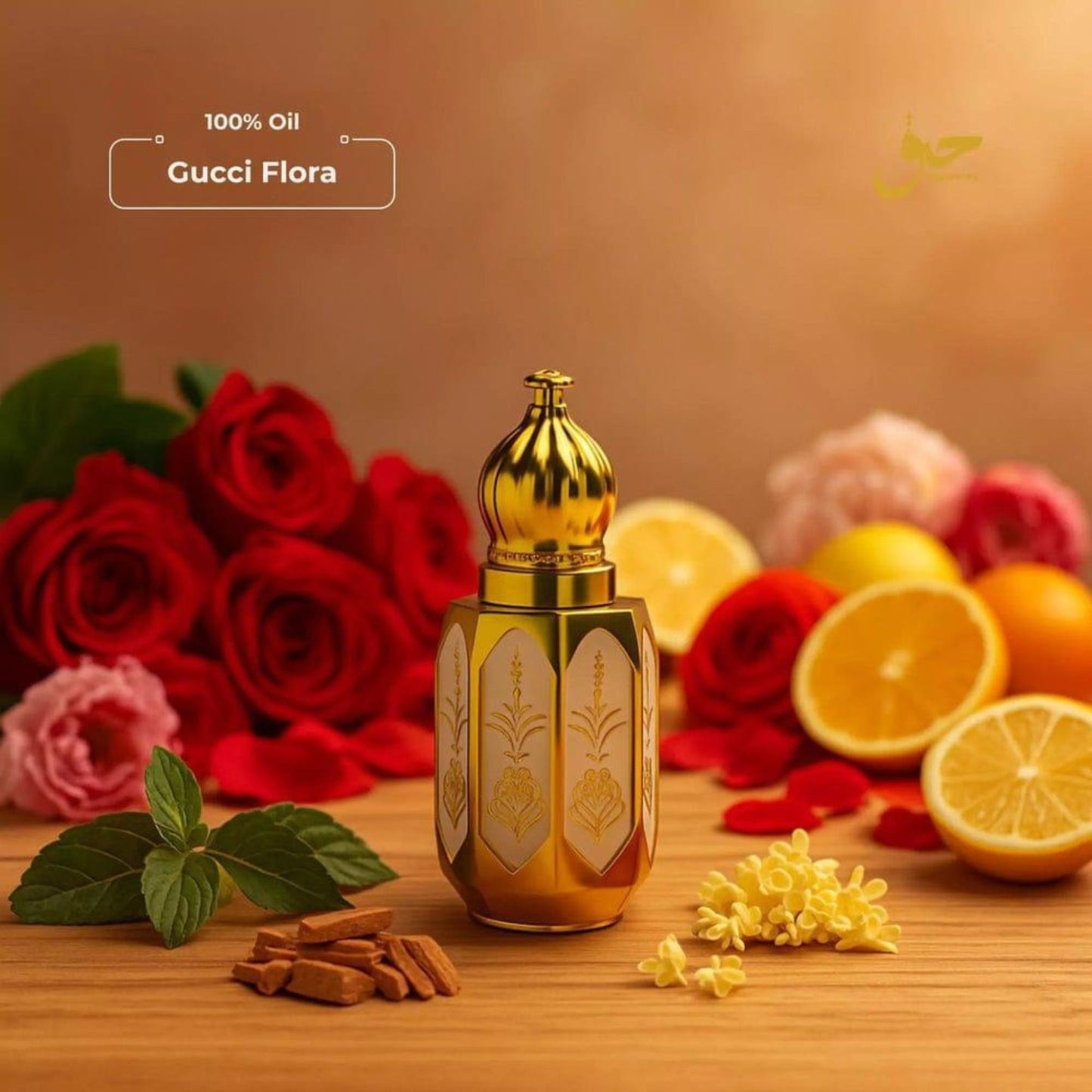 Gucci Flora perfume bottle with flowers and fruits on a wooden surface