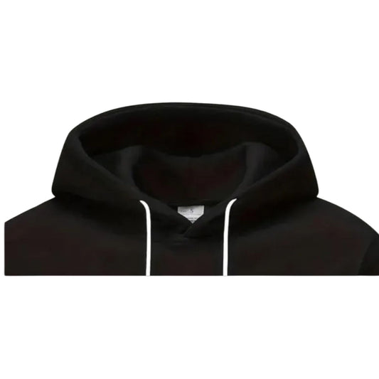 Close-up view of the solid red fleece plain hoodie fabric texture and front pocket detail.