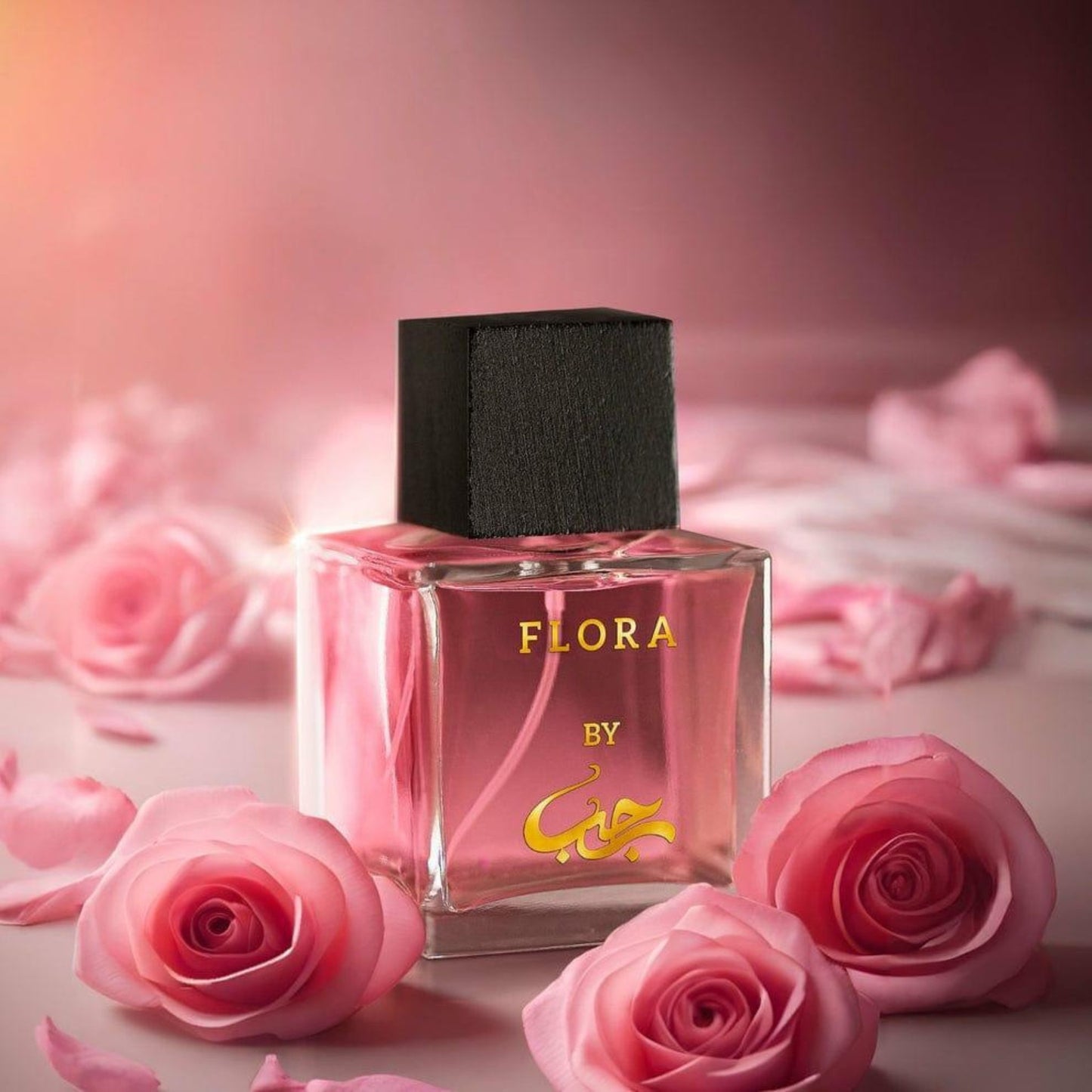Perfume bottle labeled 'Flora by' surrounded by pink roses on a soft pink background